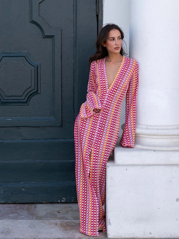 Women Deep V Neck Casual Bohemian Maxi Dress - Norellé
