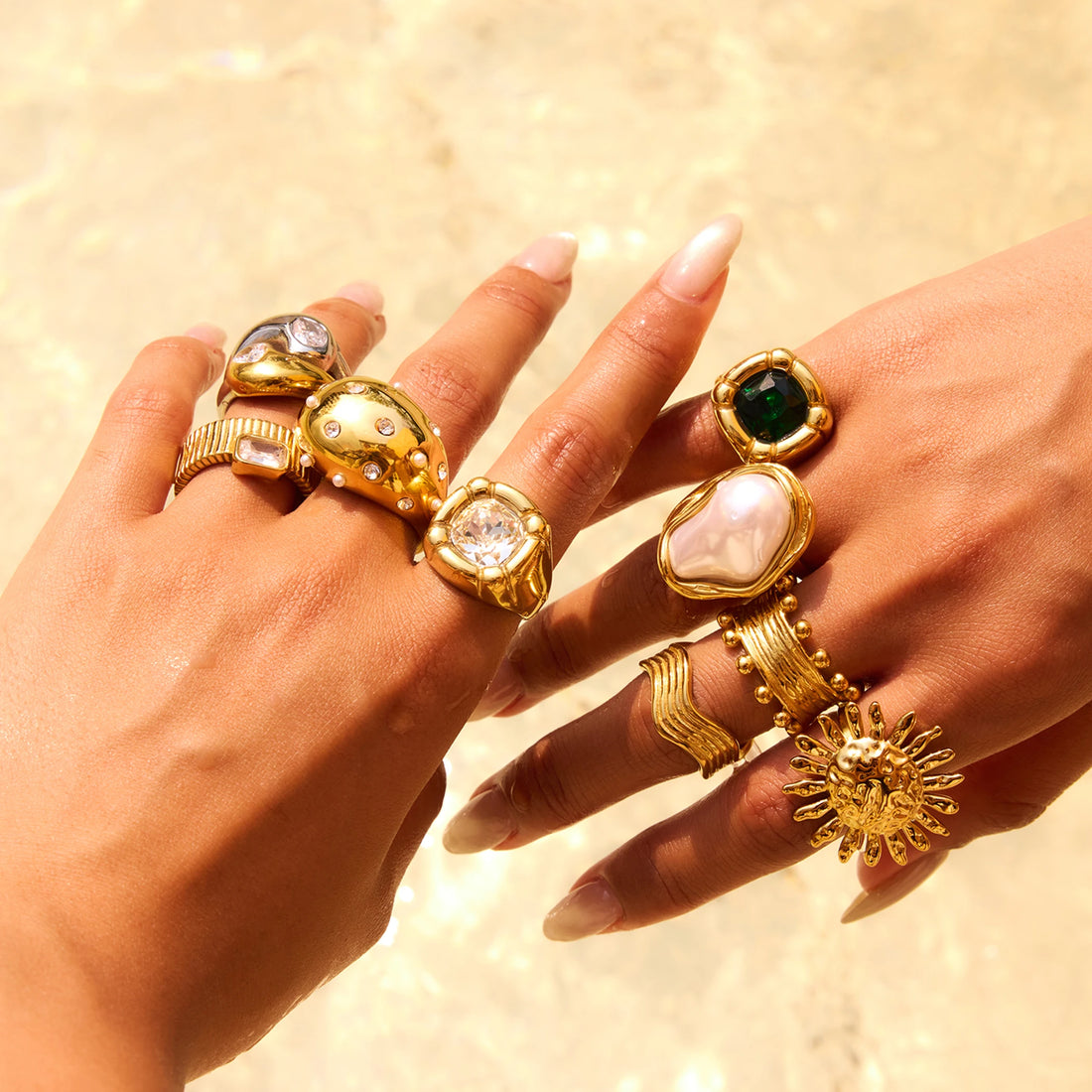 Fashion 18K Gold Color Plated Stainless Steel Sun Pearl Ring