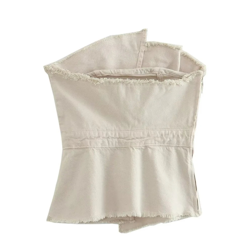 Women's Temperament Asymmetric Ragged Edge Tight Top High Waist Solid Color Skirt Set