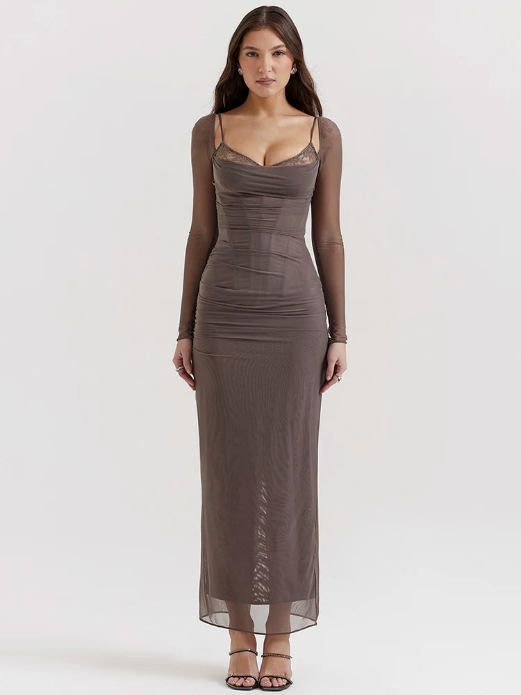 Elegant Sheer Long Sleeve Maxi Dress For Women - Norellé