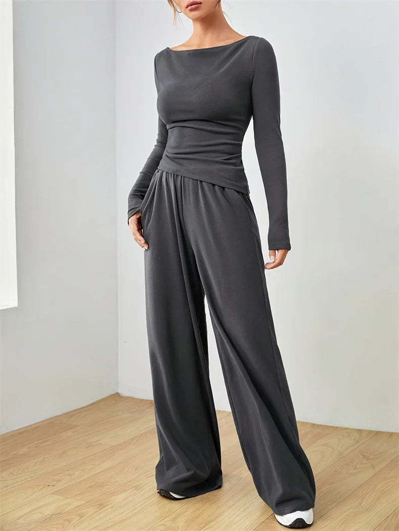 Women's Two-Piece Wide-Leg Pants Set Soft And Waxy Style Suit - Norellé