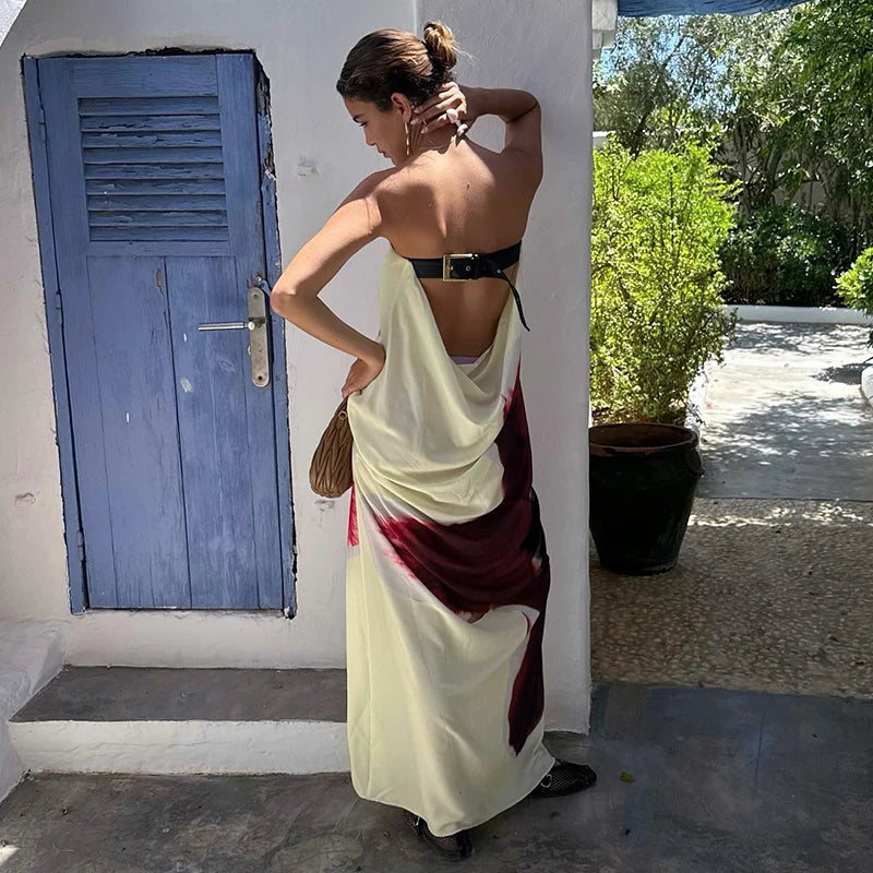 Strapless Print Floral Belt Women Maxi Dress Yellow - Norellé