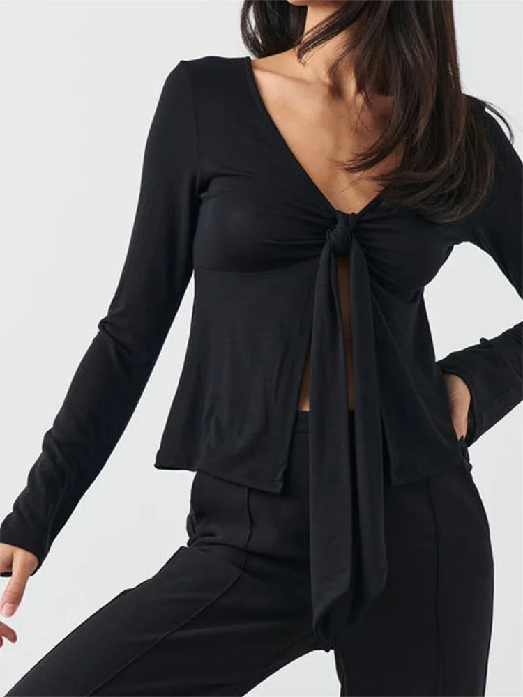 Women Slim Fit T-shirts Tops Long Sleeve V Neck
