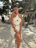 Hook Knit Beach Mini Dress Women Hollow Out Halter Sleeveless Backless Lace Up - Norellé