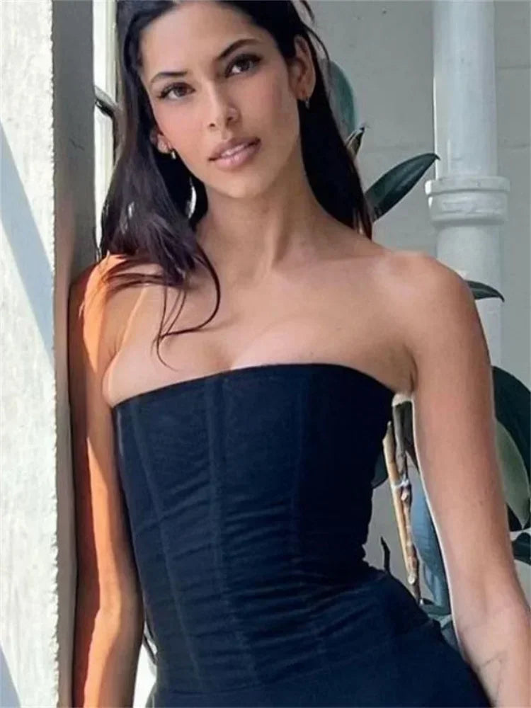 Mesh Backless Vest Strapless Solid Slim Top Women's