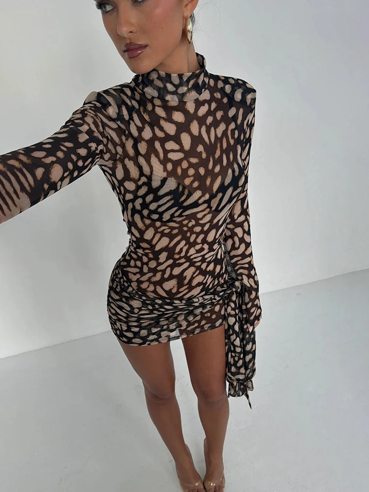 Turtleneck Sheer Print Leopard Bandage Women Dress - Norellé