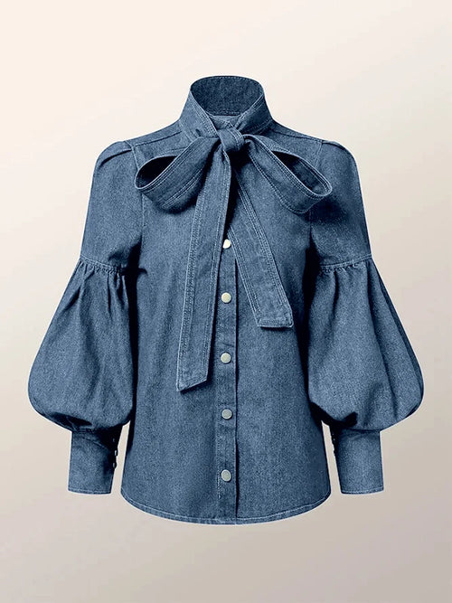 Trendy Imitation Denim Blouse Tops for Women Long Puff - Norellé