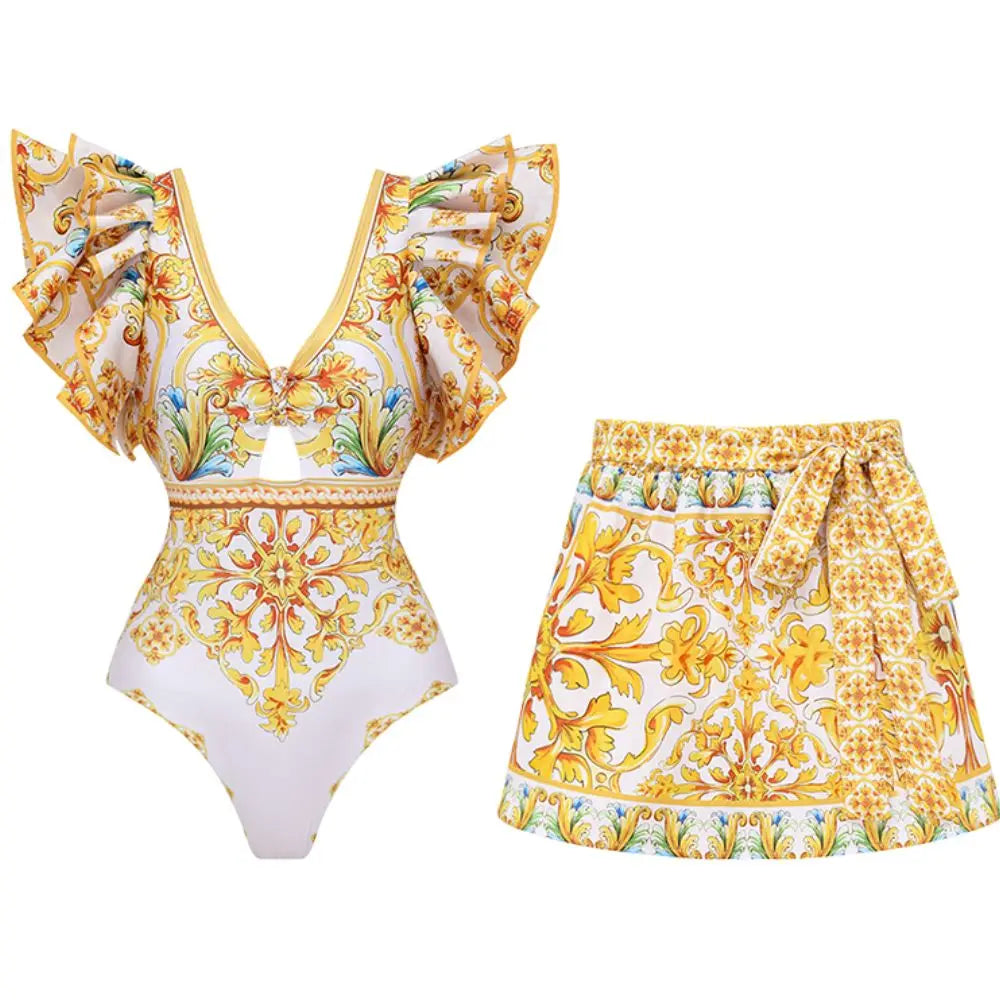 Ruffle V Neck  Golden Print One Piece Swimsuit and Shorts Women Beachwear Bathing Suit - Norellé