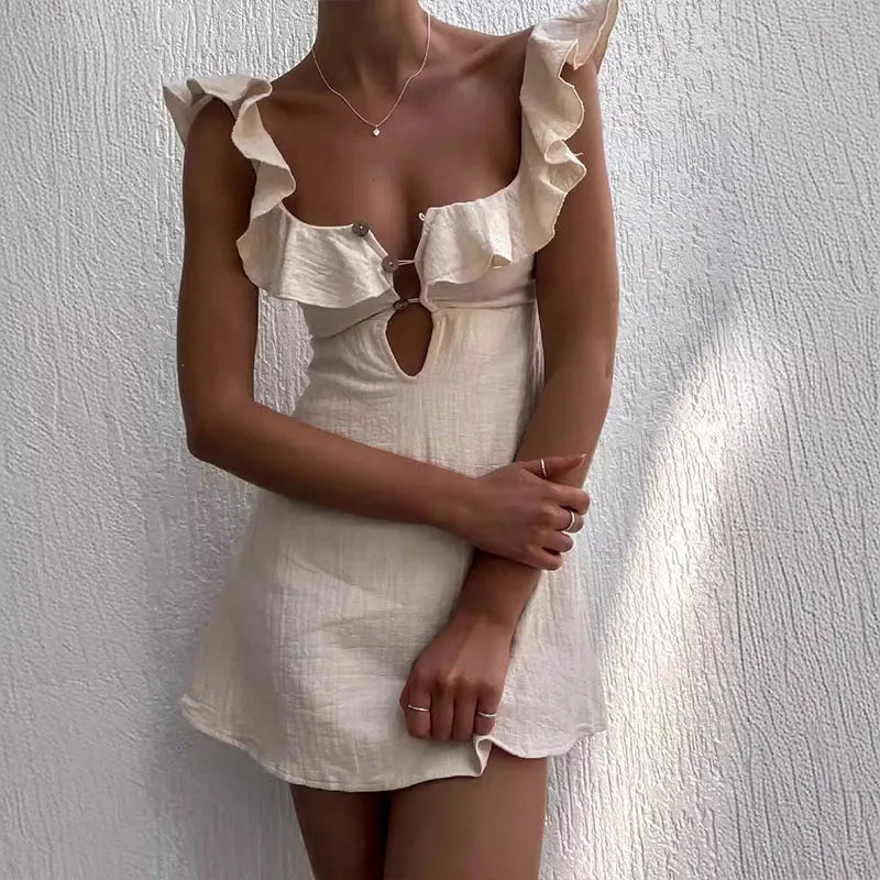 Hollow Out Button Ruffles Short Dress - Norellé
