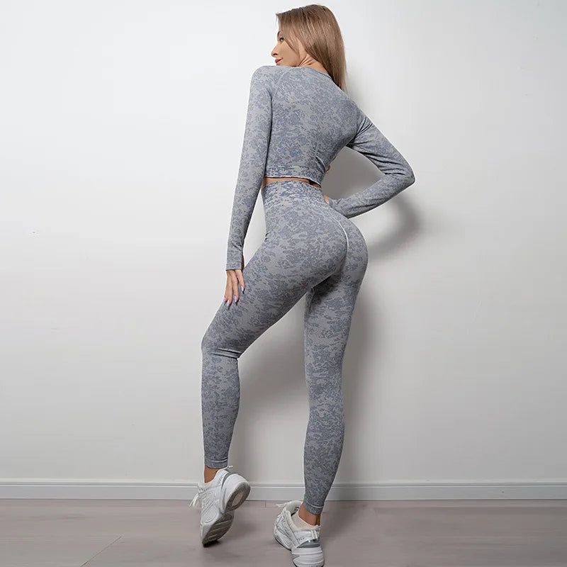 Seamless Yoga Sets Sports Fitness High Waist Hip-lifting Trousers Long-Sleeved Suits Workout Clothes