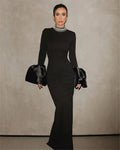 Shining Diamonds Neck Flare Sleeve Black Long Bandage Dress - Norellé
