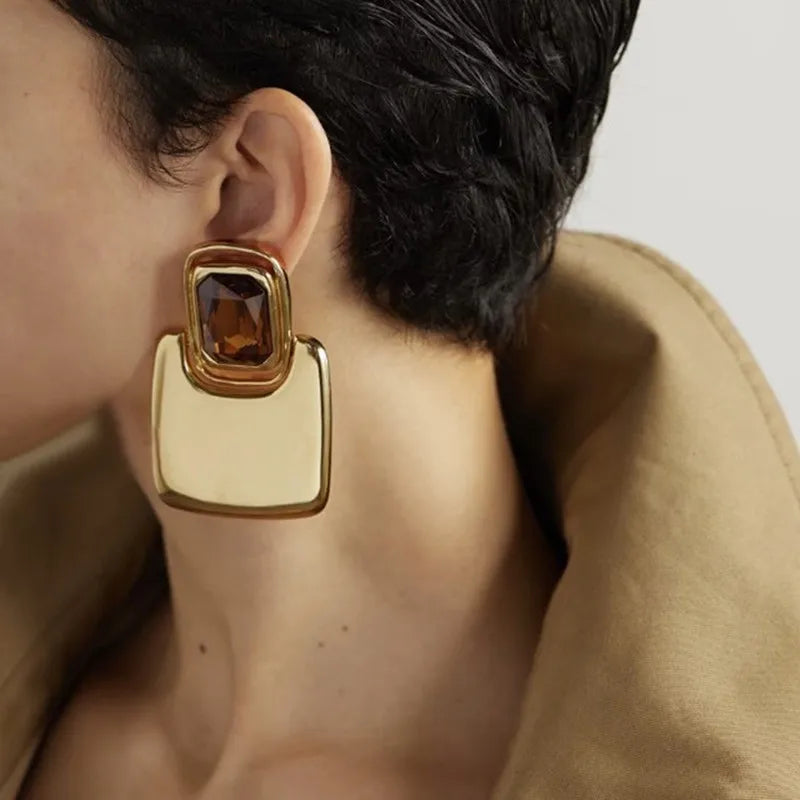 Metal Square Geometric Crystal Large Earrings for Women