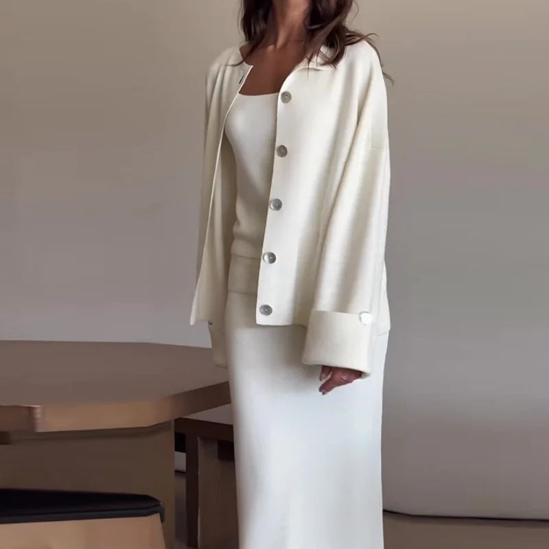 Women's Clothing Solid Color Knitted Cardigan+Dress Elegant 2-Piece Sets for Women - Norellé
