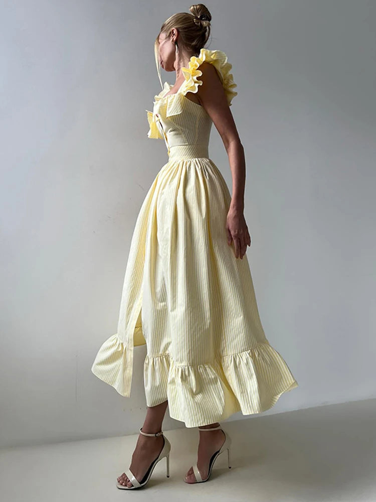 Flying Sleeve Ruffle Striped Slip Long Dress Women - Norellé