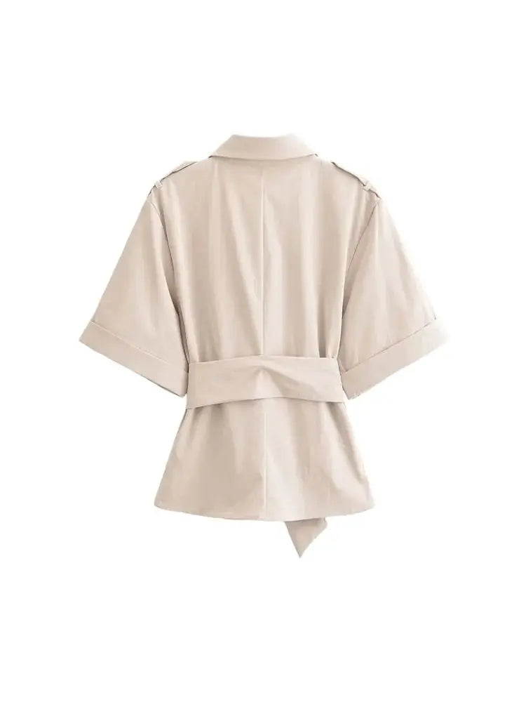 Women's Fashion Belted Front Button Shirt