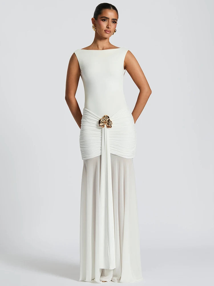 Metal Flower Backless Ruched  Maxi Dress Women - Norellé