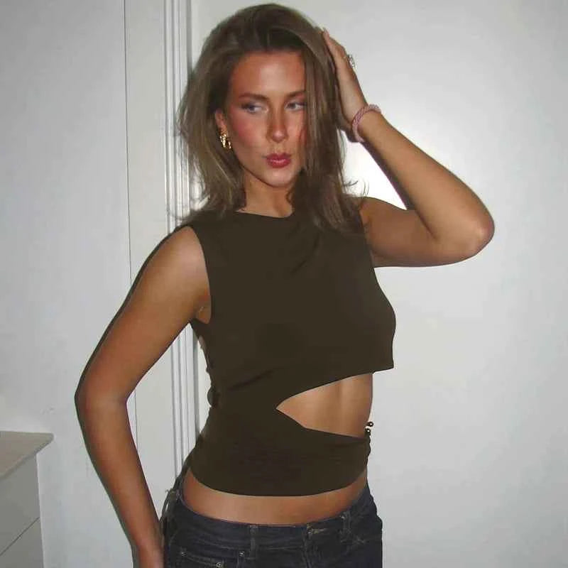 Hollow Out Tank Tops Sleeveless Round Neck Women'S Tank