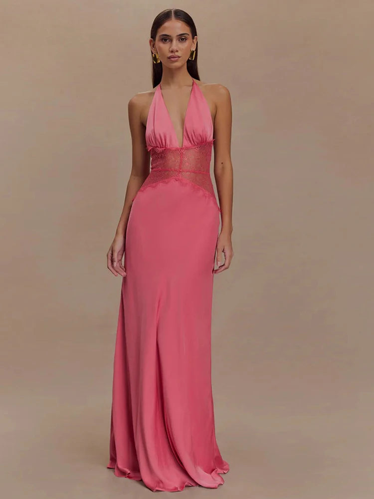 Patchwork Deep V-neck Lace Halter Women Maxi Dress - Norellé