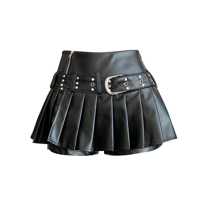 Women's Black Gothic A-line Pleated Leather Skirt Mini Shorts - Norellé