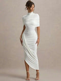 Backless Ruched Half Sleeve Maxi Dress Women Turtleneck Slim - Norellé