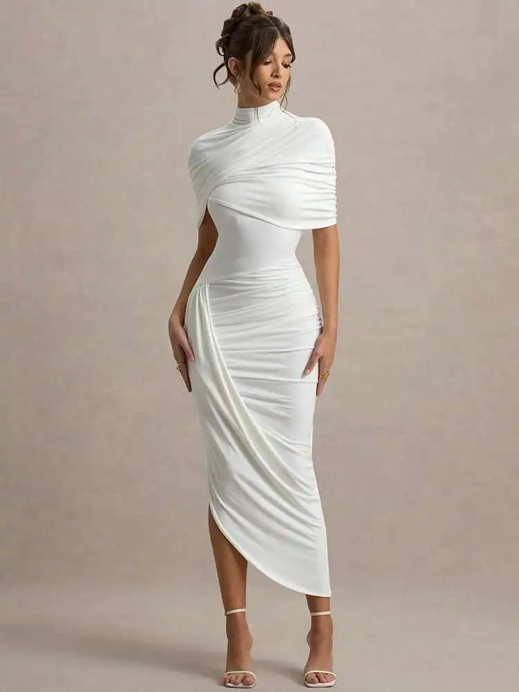 Backless Ruched Half Sleeve Maxi Dress Women Turtleneck Slim - Norellé