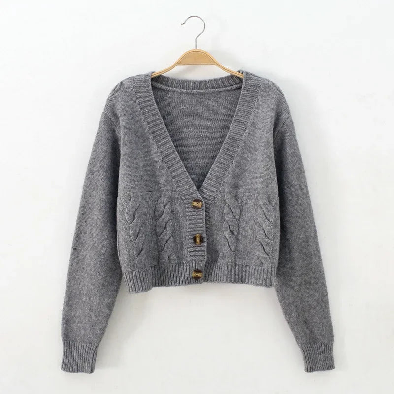 V Neck Cropped Cardigan Women Long Sleeve Twist Knitted Sweater Coats - Norellé