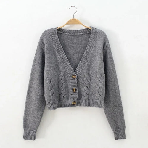 V Neck Cropped Cardigan Women Long Sleeve Twist Knitted Sweater Coats - Norellé