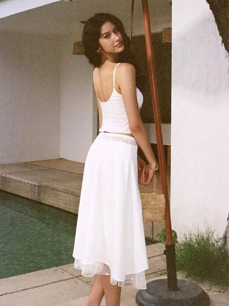 White Dress Set Women 2pcs Matching Set Skirt Spaghetti Strap Top - Norellé