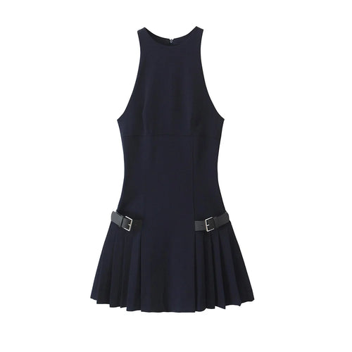 Pleated Mini Dress with Side Loops for Women, Halter Neck, Back - Norellé