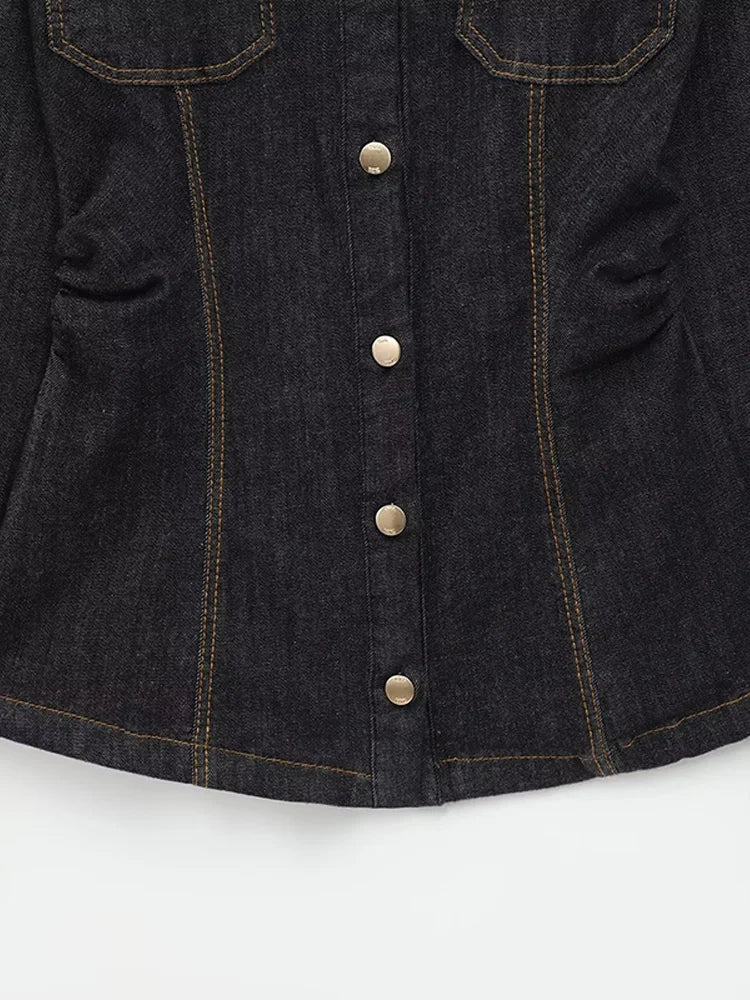 Chic Women's Vintage Denim Set Single Breasted Lapel Jacket - Norellé