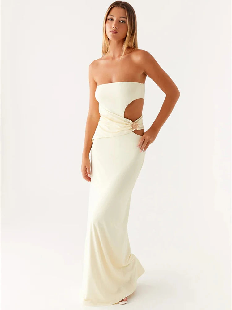 Hollow Out Off-shoulder Maxi Dress Women Fashion Metal Flower Strapless Sleeveless Backless - Norellé