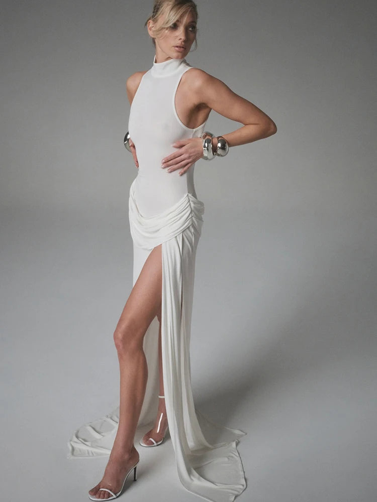 High Slit Turtleneck Women Maxi Dress White Sleeveless High Waist Dress - Norellé