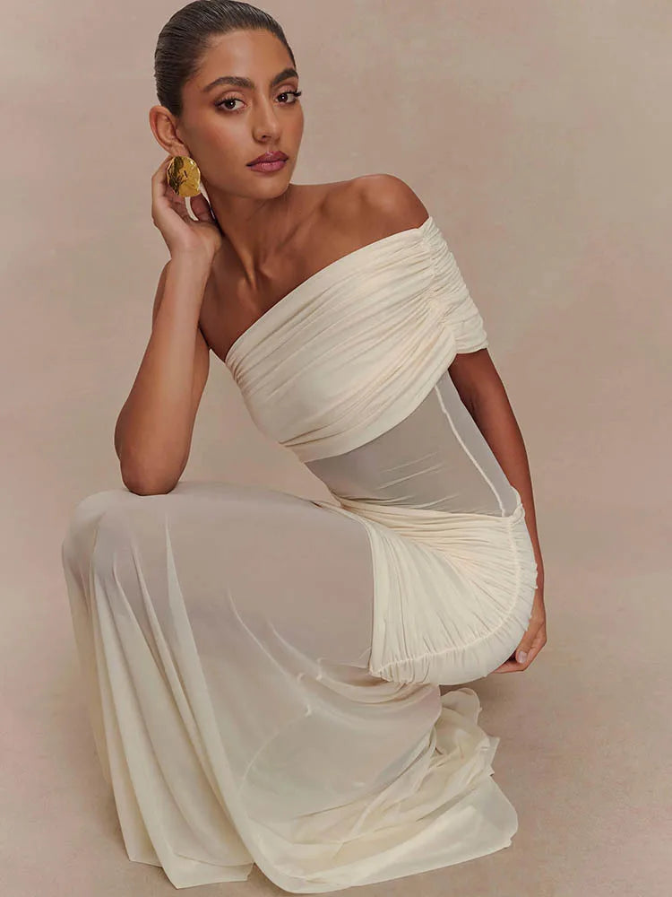 One Shoulder Mesh Maxi Dress Women Off-shoulder Strapless Sleeveless Backless - Norellé