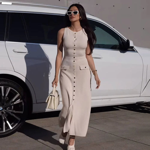 Elegant Sleeveless Single-Breasted Ribbed Knitwear Long Dress - Norellé