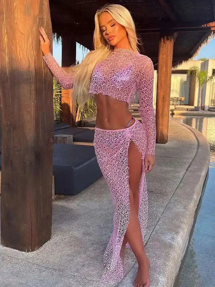 Two Piece Set Long Sleeve Top Split Long Skirt Women Set
