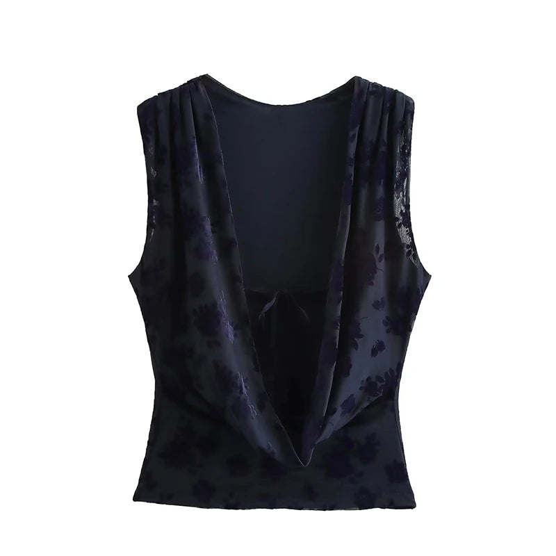 Women Fashion 2 Piece Sets Printed Backless Tank Tops & Vintage Elastic Waist Skirt