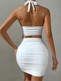 Women White Halter Neck Sleeveless Backless Two Piece Set - Norellé