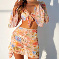 Print Bikini Sets High Waist With Beach Skirt Long Sleeve Crop Top Swimwear - Norellé