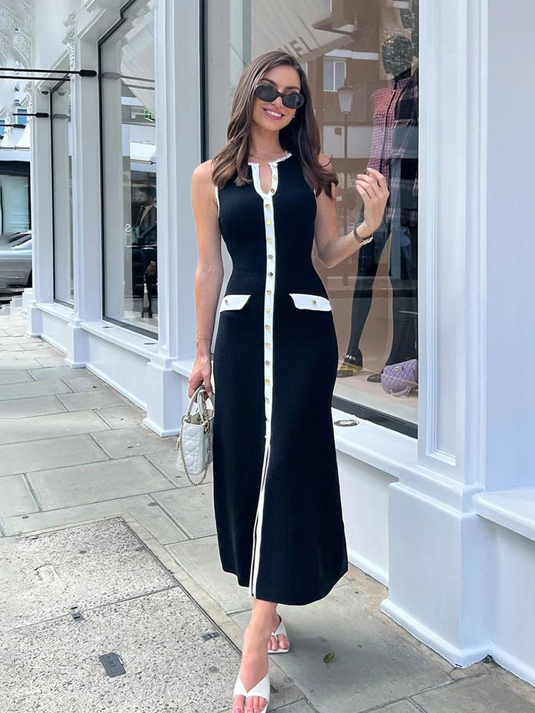 Elegant Sleeveless Single-Breasted Ribbed Knitwear Long Dress - Norellé
