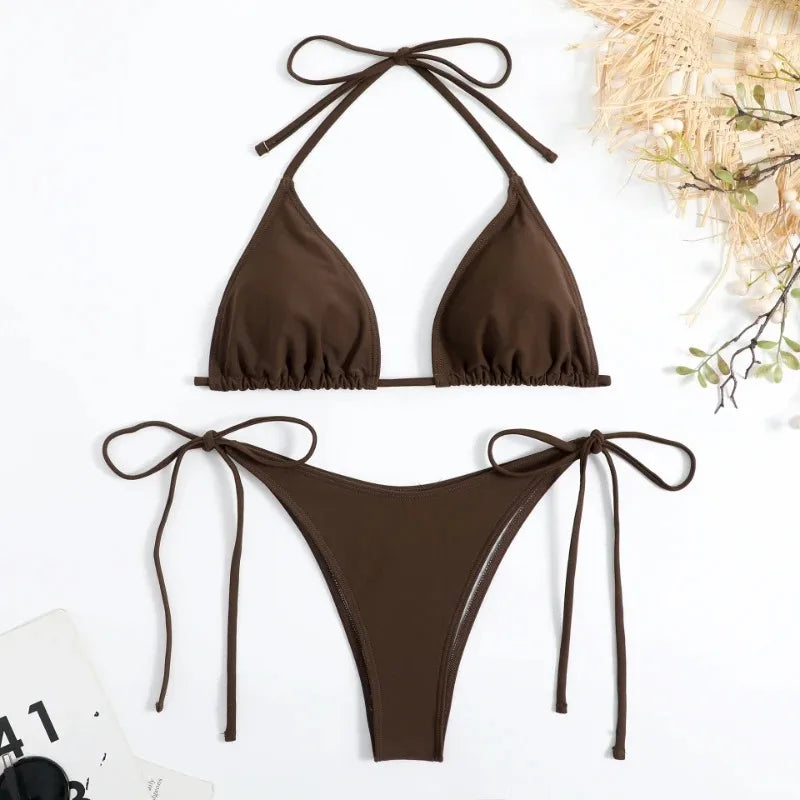 Women Thong Solid Color Bikini Set Side Halter Tie Swimsuit - Norellé