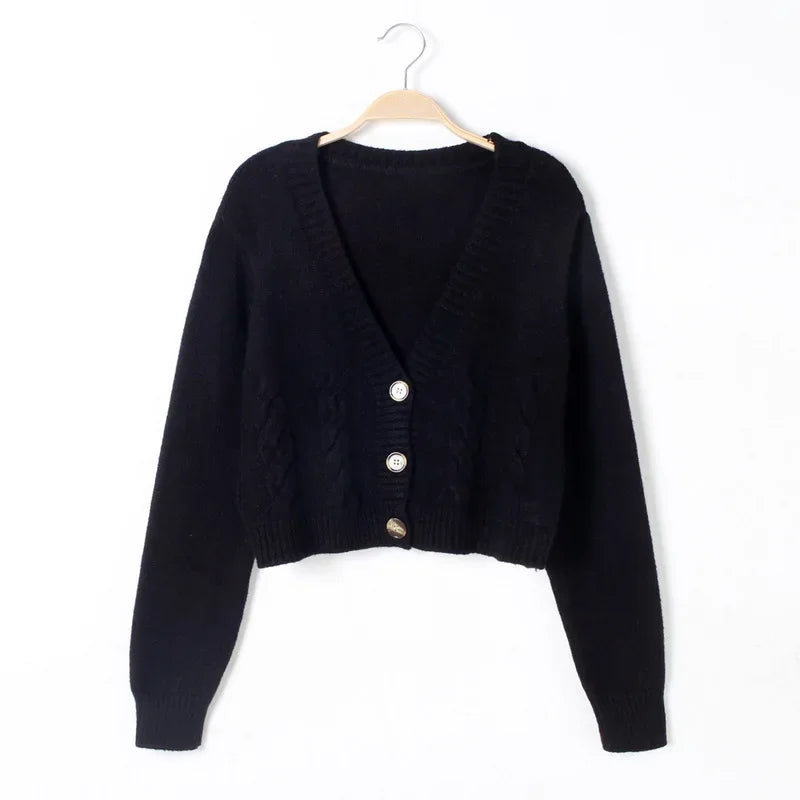 V Neck Cropped Cardigan Women Long Sleeve Twist Knitted Sweater Coats - Norellé