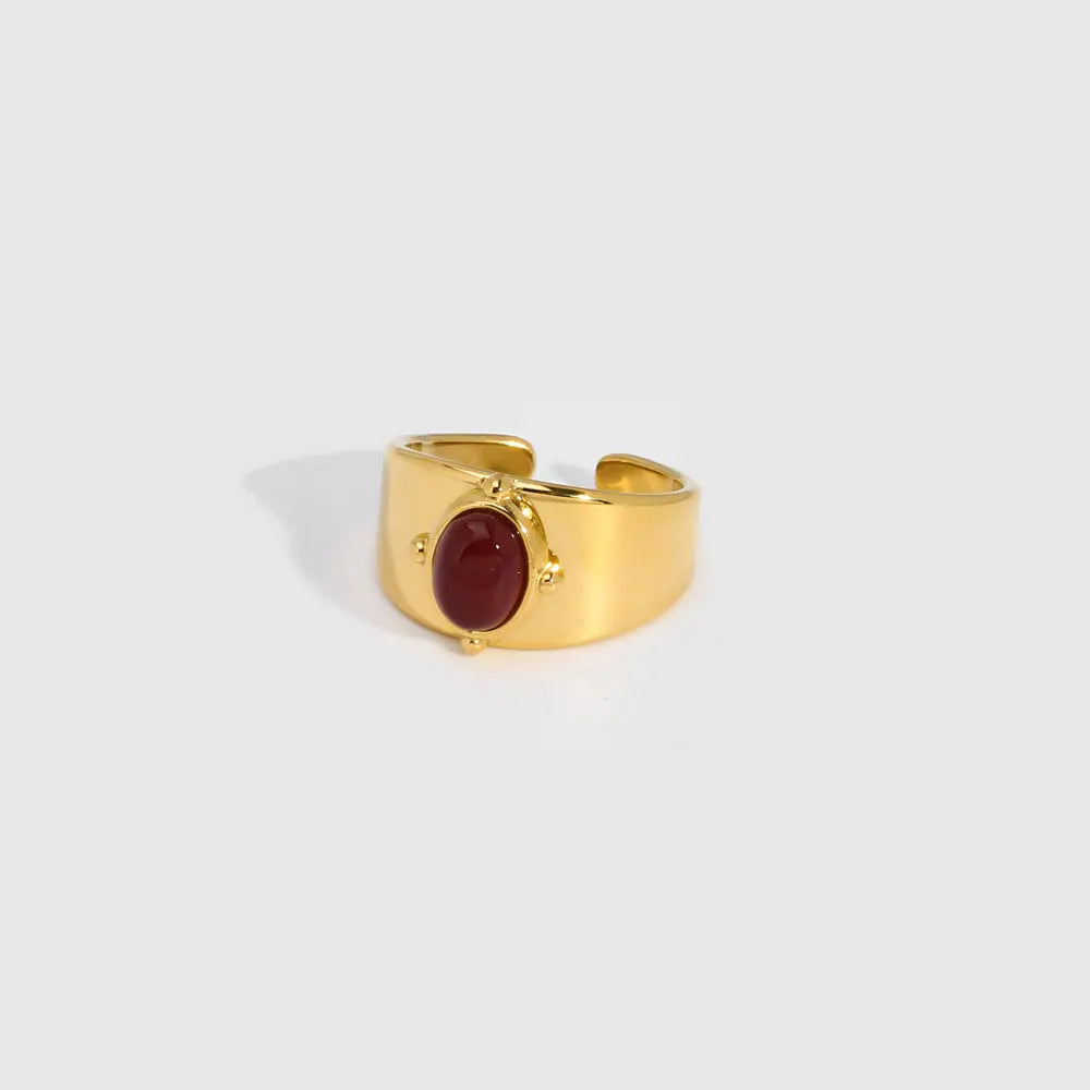 Gold Wide Face Inlaid Oval Natural Stone Ring - Norellé