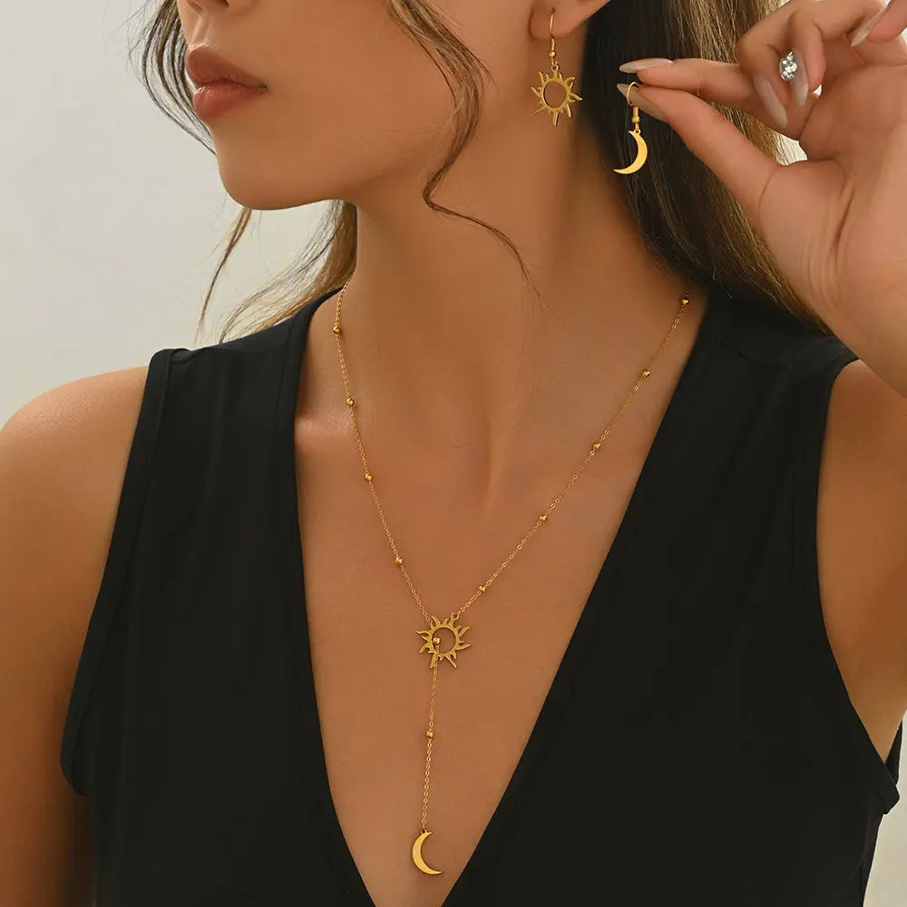 Lxalry 18K Gold Plated Sun  Moon Jewelry Set Mirror Polish Hypoallergenic Necklace  Earrings For Daily Evening Never Fade Luxury Gift With Celestial Symmetry - Norellé