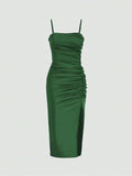 Solid Color Ruched Bodycon Slit Cami Dress - Norellé